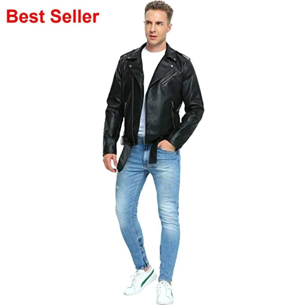 Faux Leather Bomber Jacket, Slim Fit Biker Coat with Belt